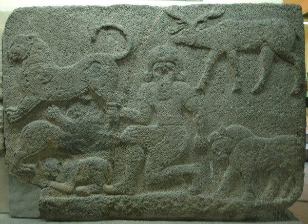 Karchemish, Neo-Hittite relief of a hero (Gilgameš?) with animals