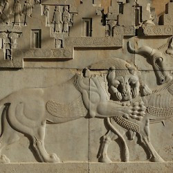 Persepolis, Tripylon, Northern staircase, Relief of bull and lion