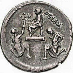 Coin, showing the surrender of Jugurtha (right) by Bocchus (left) to Sulla (seated)