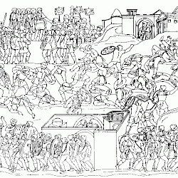 Rome, Forum Romanum, Arch of Severus, Relief east left, drawing: Fight for Nisibis