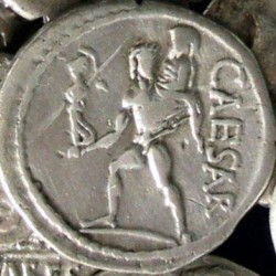 Coin of Julius Caesar, showing Aeneas, making his escape from Troy.