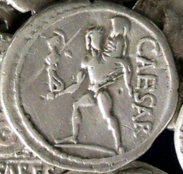 Coin of Julius Caesar, showing Aeneas, making his escape from Troy.