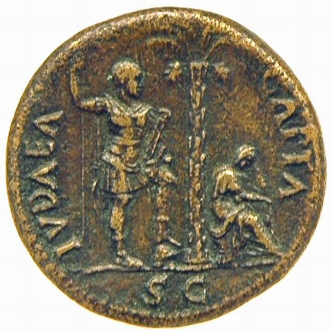 Coin of Vespasian, showing a personification of Judaea mourning the loss of her independence. Legend: JUDAEA CAPTA, "Judaea conquered".
