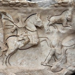 Ephesus, Temple of Hadrian, 4th-century relief: Lelex, the spring Hypelaios, Androclus, Androclus pursuing the boar