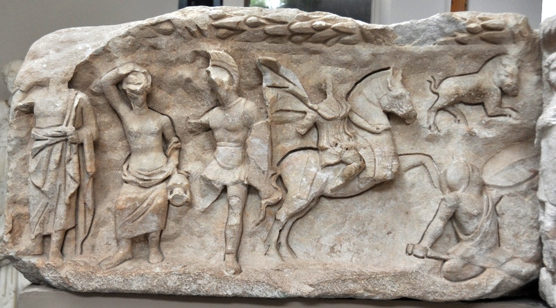 Ephesus, Temple of Hadrian, 4th-century relief: Lelex, the spring Hypelaios, Androclus, Androclus pursuing the boar