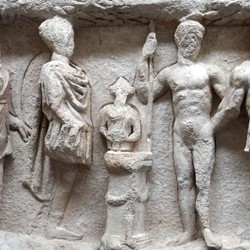 Ephesus, Temple of Hadrian, 4th-century relief: Theseus sacrificing and Heracles following the Amazons