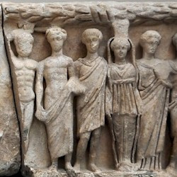 Ephesus, Temple of Hadrian, 4th-century relief: Roma, Selene, Hermes, Apollo, Artemis, Androclus and his dog, Heracles, Dionysus, the emperor Theodosius, Hecate, Aphrodite, Ares?, Athena