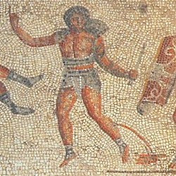 Villa of Dar Buc Ammera, gladiator mosaic, A wounded gladiator asks for release