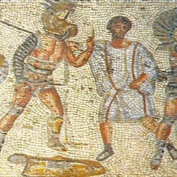Villa of Dar Buc Ammera, gladiator mosaic, Intervention by a referee