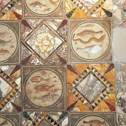 Villa of Dar Buc Ammera, gladiator mosaic, Fish