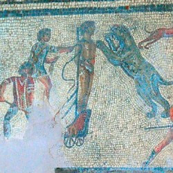 Villa of Dar Buc Ammera, gladiator mosaic, Execution