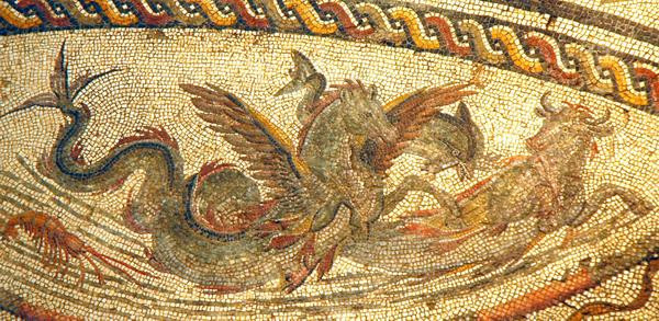 Villa of Dar Buc Ammera, round mosaic, detail: aquatic creatures