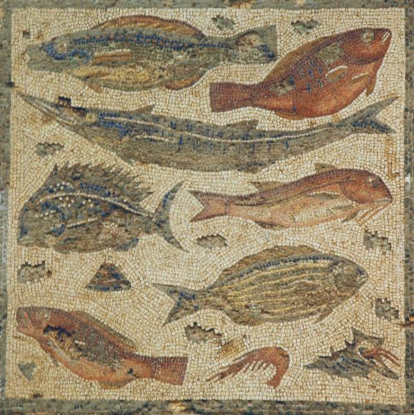 Villa of Dar Buc Ammera, seasons mosaic, fish