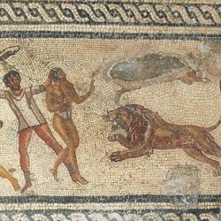 Villa of Dar Buc Ammera, gladiator mosaic, Execution of Garamantes in the Amphitheater of Lepcis