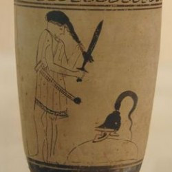 Warrior cutting his hair with his sword; Athenian lekythos