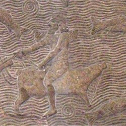 Crossing a river on a raft made of animal skins. Assyrian relief from Nineveh.