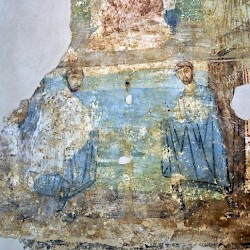 Thessaloniki, Agora, Wall painting with Sts Cosmas and Damianus