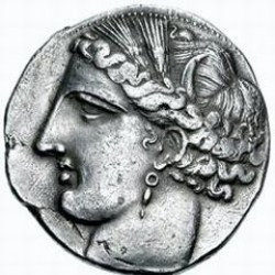 Carthaginian coin from the First Punic War: the Carthaginian goddess Tanit and the Greek mythological creature Pegasus