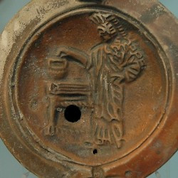 Oil lamp. Minerva casts a vote for the release of Orestes
