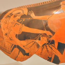 Orestes kills Aegisthus; Clytaemnestra to the left.