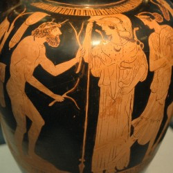 Odysseus, Athena, and Nausicaa.