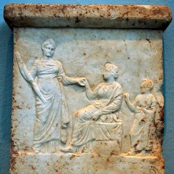 Eleusis, Stele for Smikythion, with a suppliant, Demeter, and Kore