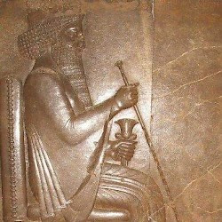 Persepolis, Apadana, Northern Stairs, Central Relief, Darius on his throne