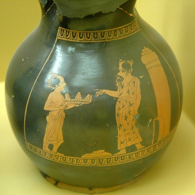 Oenochoe with two metal workers and a furnace