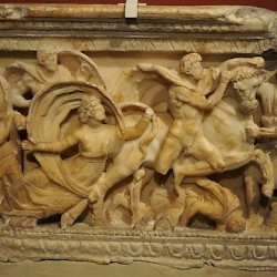 Volterra, Cinerary chest, Dragging of Dirce (based on Euripides' Antiope)