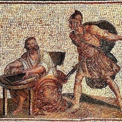 An absent-minded Archimedes being by a Roman soldier
