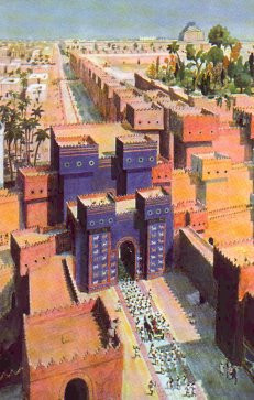 Babylon, Royal procession entering the Gate of Ištar. In front: the Procession Street; center: the Ištar Gate; on the horizon: the Etemenanki.