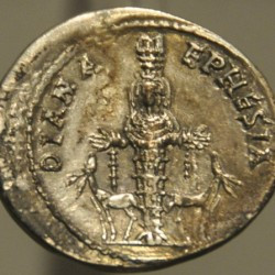 Coin with the statue of Artemis of Ephesus; legend in Latin