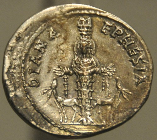 Coin with the statue of Artemis of Ephesus; legend in Latin