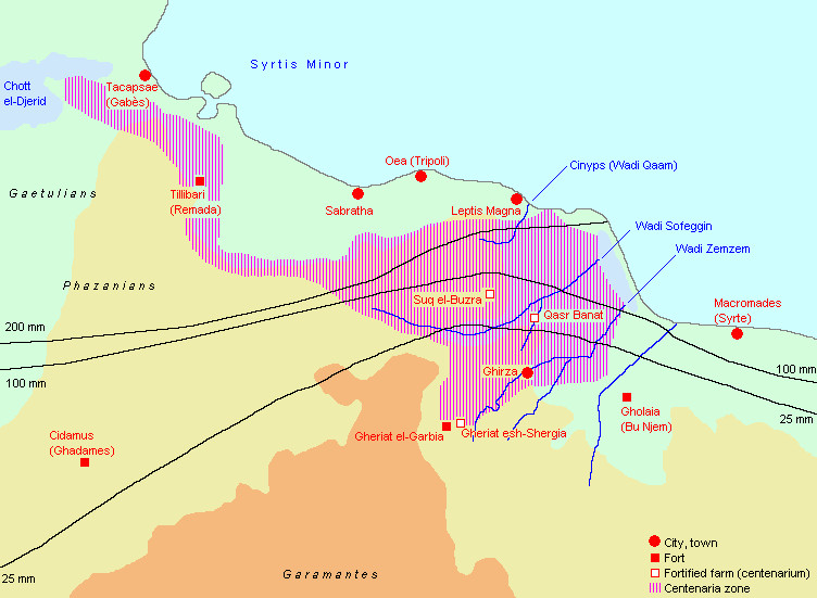 The centenaria (pink) along the Limes Tripolitanus