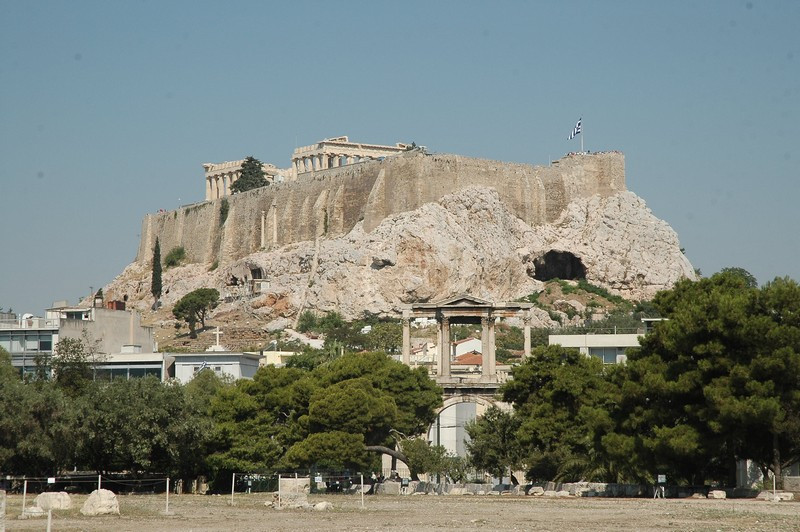 Athens, Acropolis from the east (with gate of Hadrian)