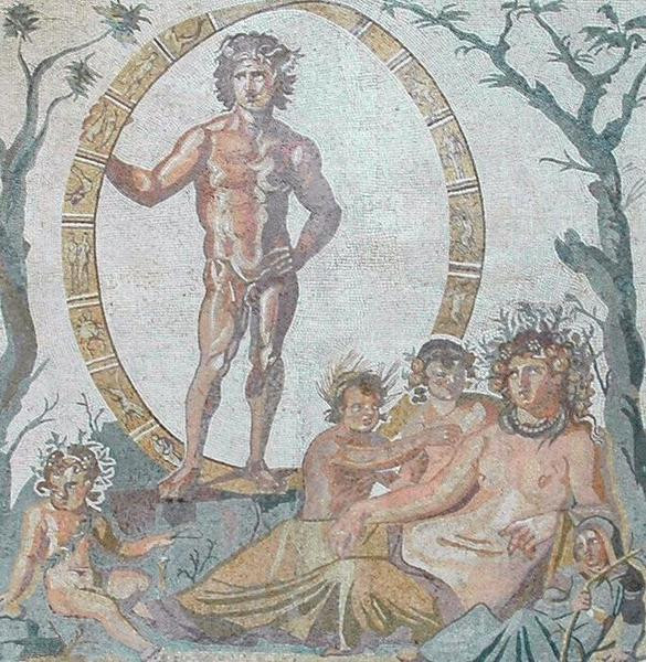 Sentinum, Mosaic of Aeon ("eternity"). The hoop is decorated with the signs of the Zodiac (in the wrong order). The woman is Fertility, together with her four children: Spring, Summer, Autumn, and winter.