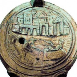Cologne, African oil lamp with fishermen in front of a city