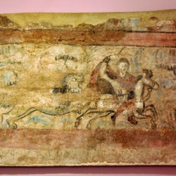 Viminacium, Christian tomb with a hunting scene, Hunter chased by lion
