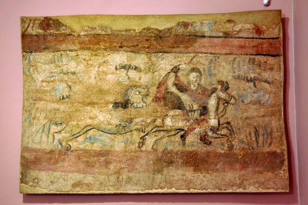 Viminacium, Christian tomb with a hunting scene, Hunter chased by lion
