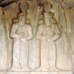 Taq-e Bostan, Small cave, Relief of Shapur II (r) and Shapur III or Ardashir III with inscriptions