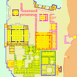 Map of Persepolis. Persepolis, building phases: dark blue: 515-490; purple: 490-480; green: 480-470; red: 470-450; pink: 360-338.