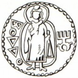 Drawing of a Kushan coin, legend "Boddo"