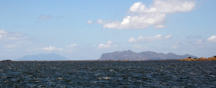 The Aegates Islands: Favignana (ancient Aegusa) to the right and Maréttimo (Hiera Nesos) to the left in the distance.