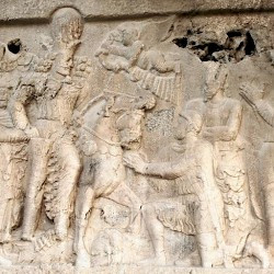 Bishapur, Relief 2, Central scene: Shapur, Gordian, Philip, Valerian, courtiers