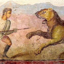 Augusta Emerita, Theater, Wall painting of a lion hunt
