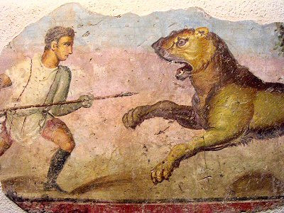 Augusta Emerita, Theater, Wall painting of a lion hunt