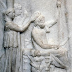 Alexandria, Relief of the Apotheosis of Homer, Lower tier, Homer crowned by Ptolemy IV Philopator and Arsinoe III