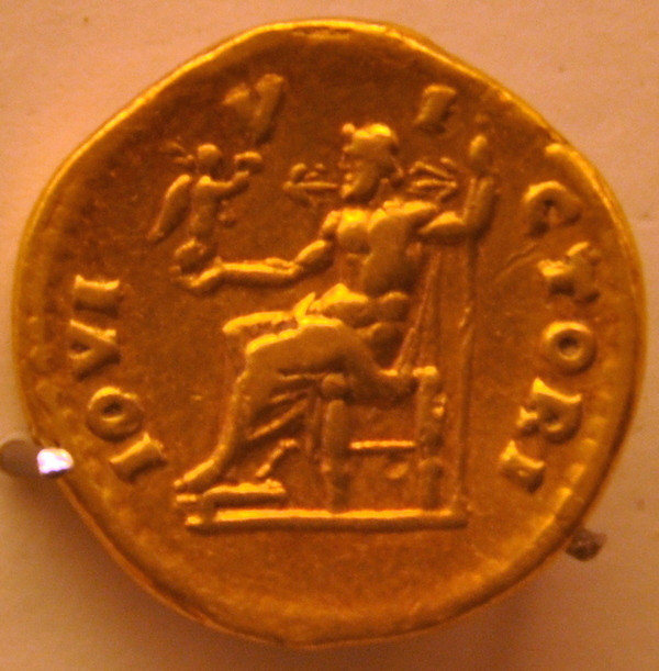 Coin of Hadrian with the Zeus of Phidias, legend "Jupiter Victor"