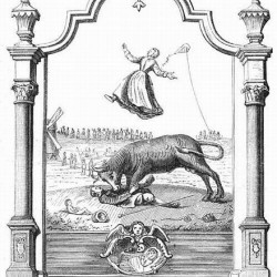 Seventeenth-century engraving, showing the story of the Bull of Zaandam